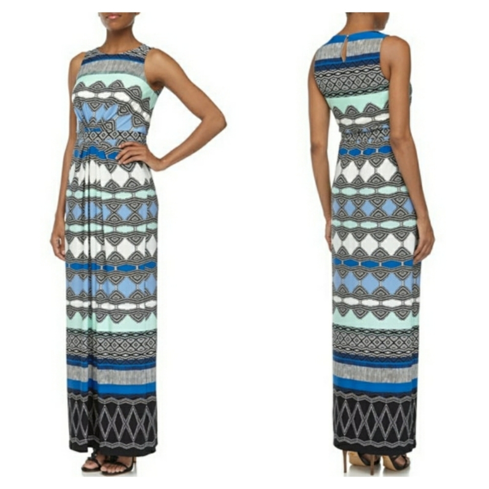 DONNA MORGAN Blue Striped Print Sleeveless Jersey Maxi Dress Size 10 Medium